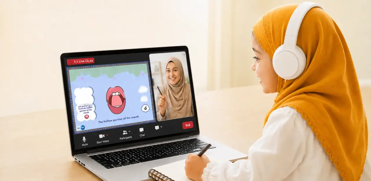 A girl in a white hijab practising Tajweed with a female teacher on a laptop