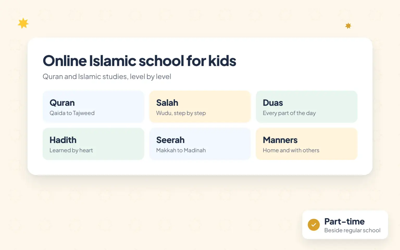 Online Islamic school for kids: Online Quran Learnings is a part-time online Islamic school for children aged 4 to 14: live one-to-one lessons of 30 min
