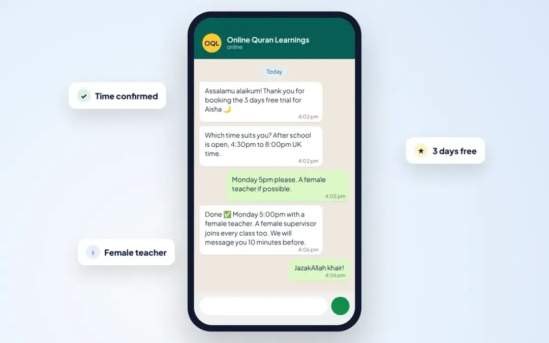 A WhatsApp chat confirming a free trial time with a female teacher