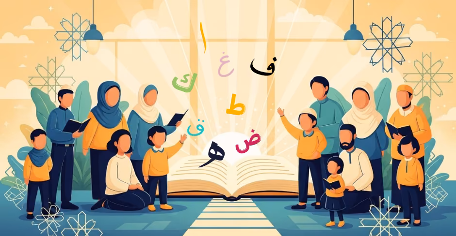 "Illustration of diverse children and adults in an online Islamic learning environment, with an open glowing book and a path, symbolizing a fresh start and spiritual education."