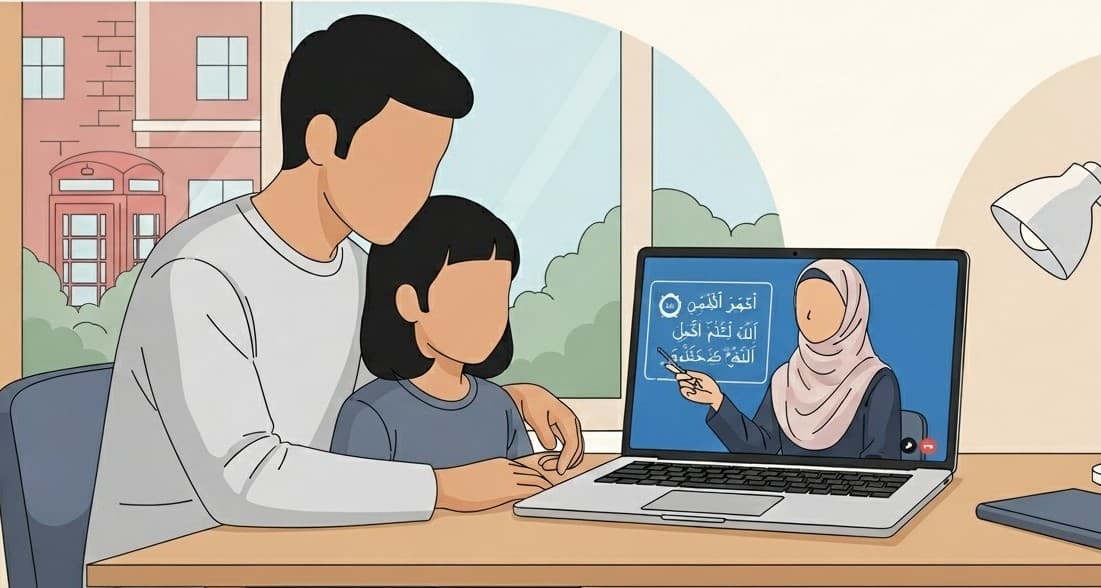 A parent sitting with a child reviewing a Quran lesson at home between classes