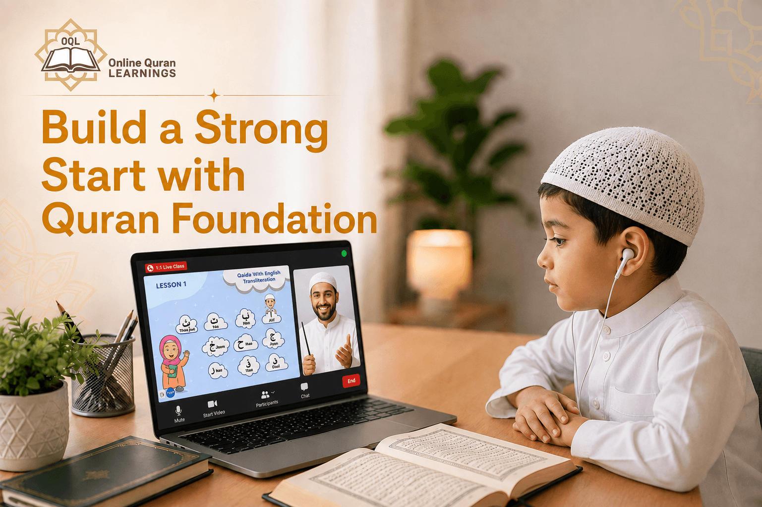 An open Noorani Qaida showing Arabic letters with vowel marks during an online lesson
