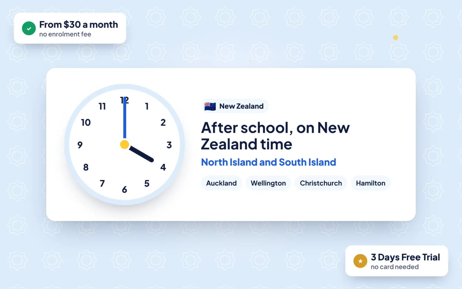 Online Quran classes for kids in New Zealand: lessons after school on local time, with a 3-day free trial