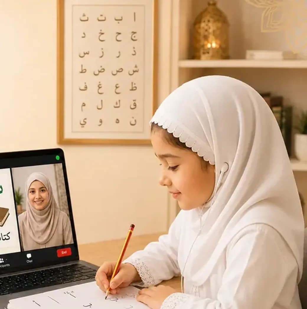 A girl writes Arabic letters while her female teacher watches on screen