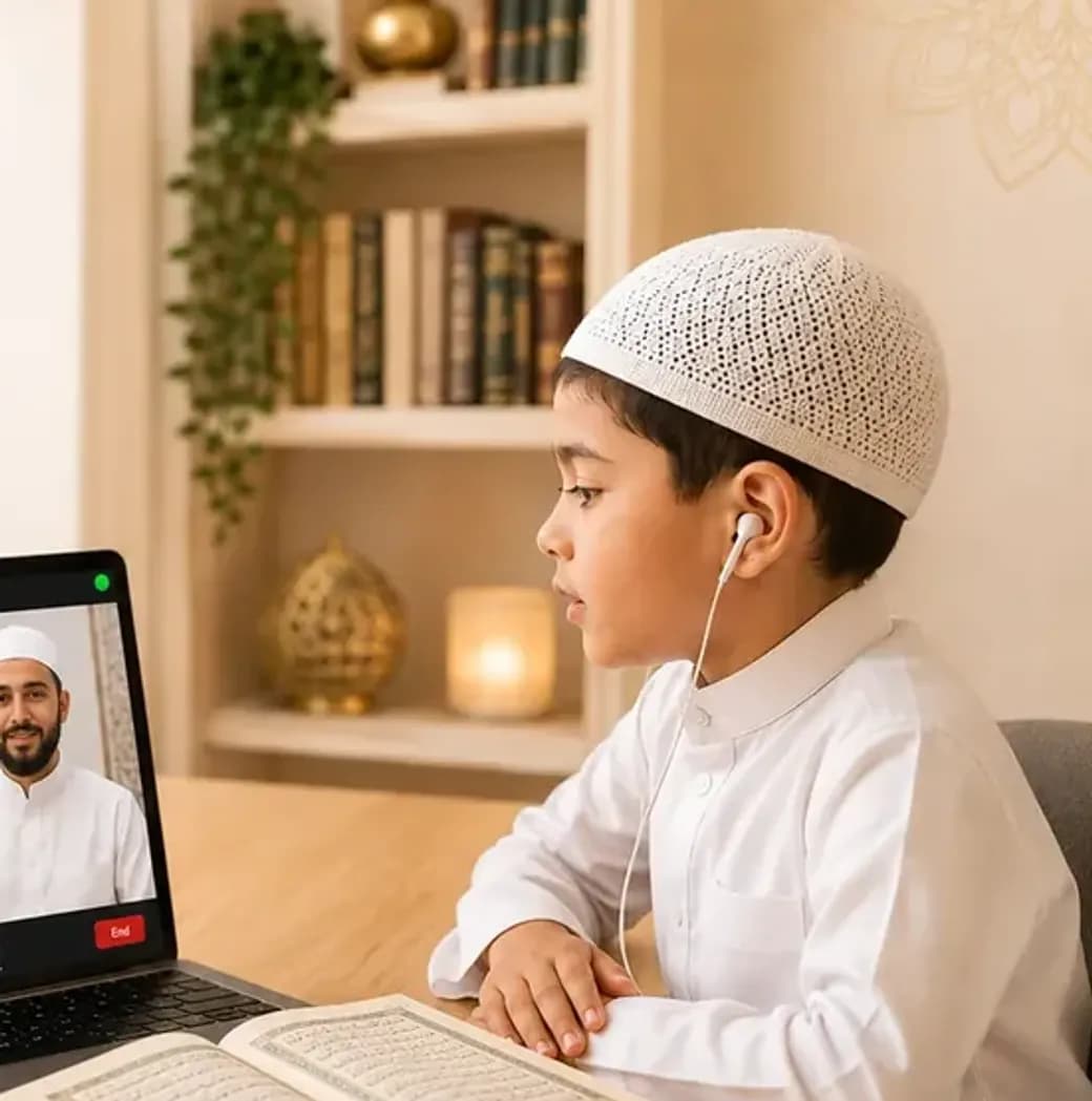 A boy recites to his Hifz teacher during an online memorisation class