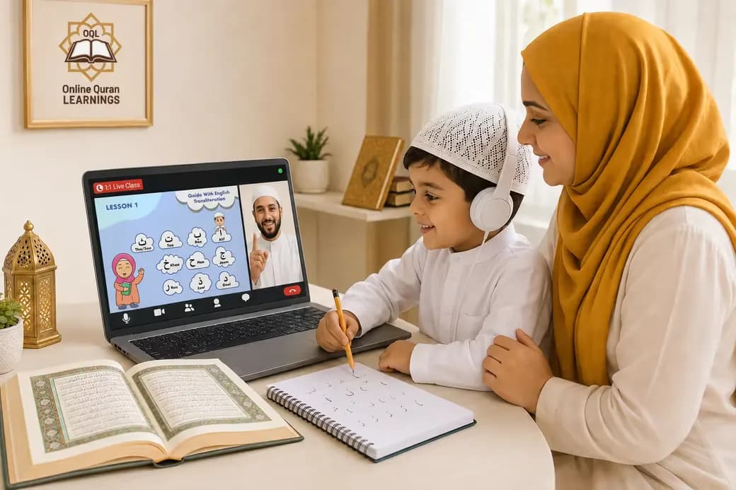 A mother sits beside her son during his live one-to-one Quran lesson with the OQLS Qaida on screen