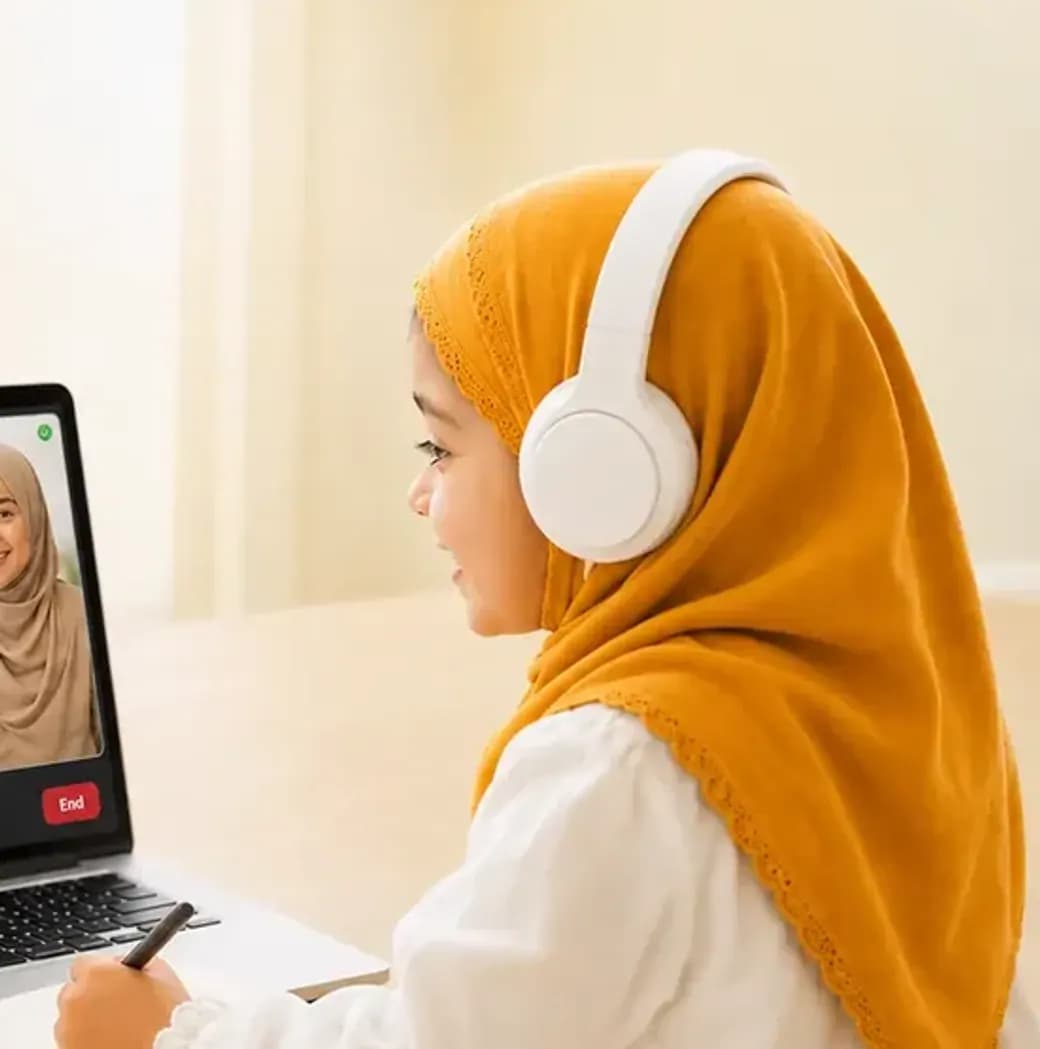 A girl in a hijab and headphones reads with her teacher during an online Tajweed lesson
