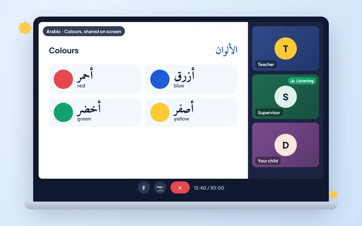 A live Arabic class for kids: colour words in Arabic on screen, the teacher, your child and a female supervisor listening