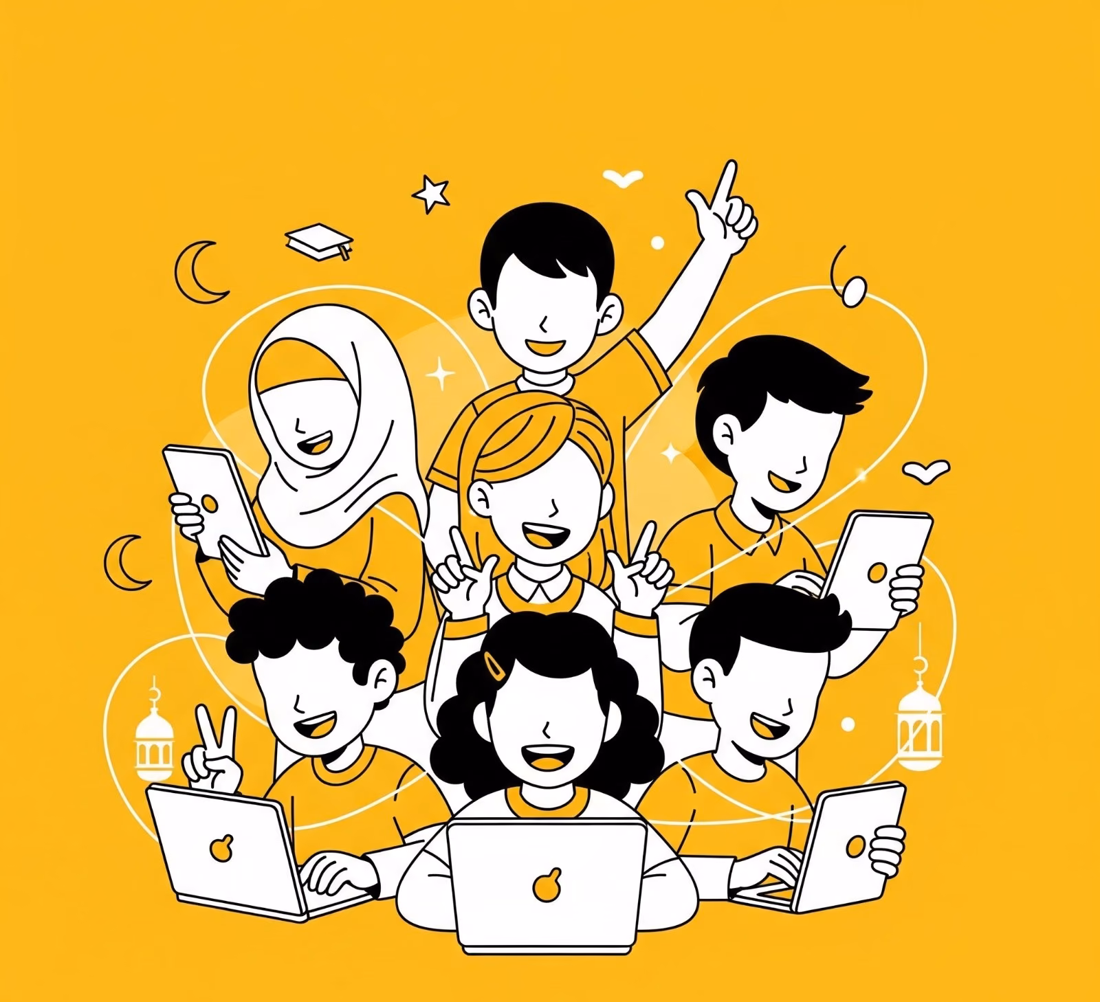 Lively cartoon illustration of diverse children happily learning Islamic studies online, using laptops and tablets in white and dull mustard yellow.