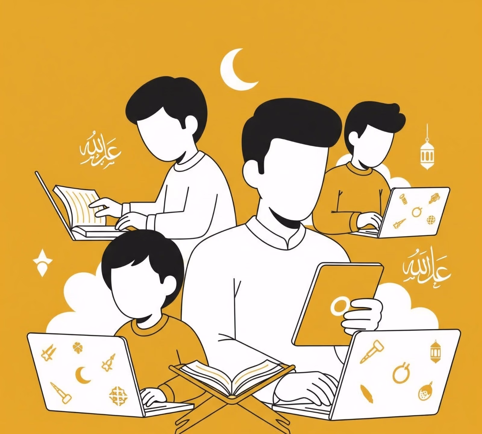 Illustration of adults and children learning Quran online on laptops, in yellow and white theme