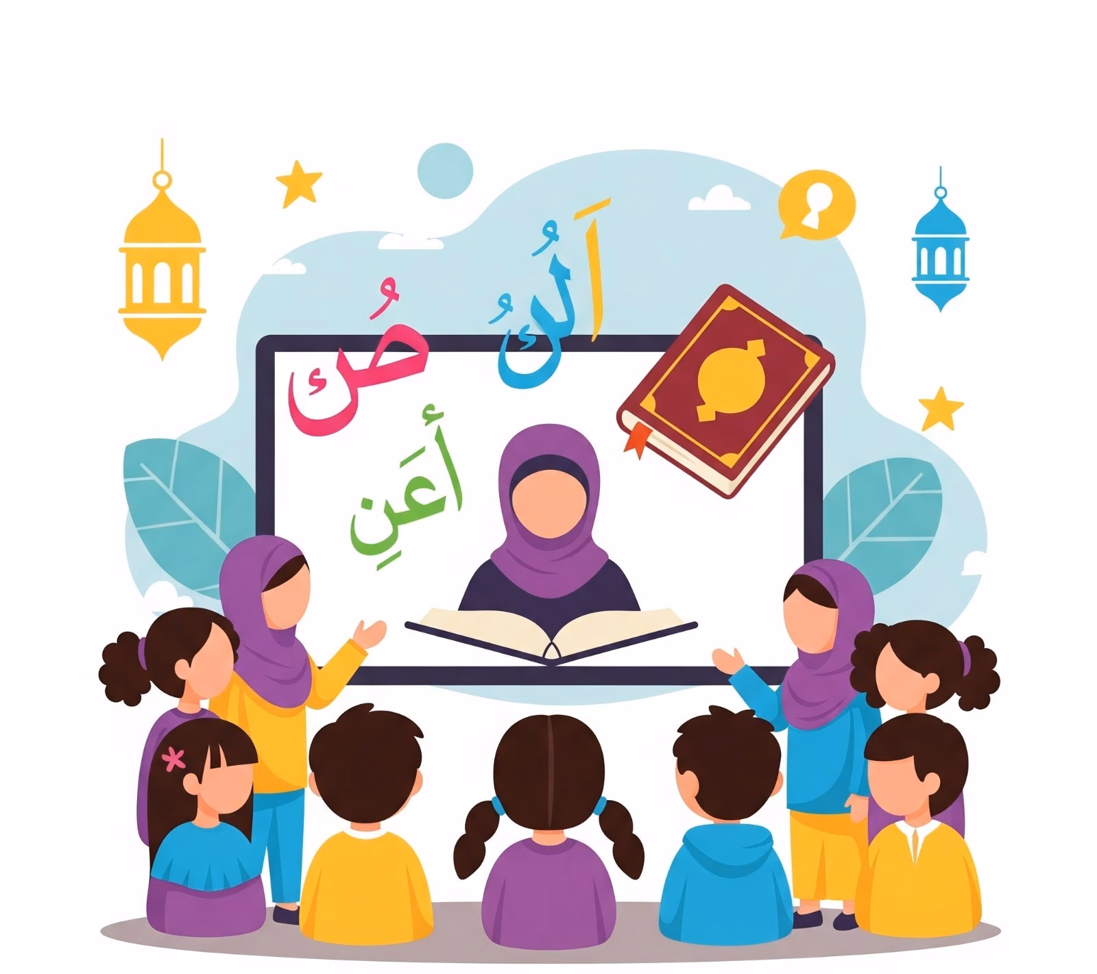 Online Quran classes for kids, featuring children learning with a virtual teacher and Arabic letters, ideal for Islamic and Quran education online.