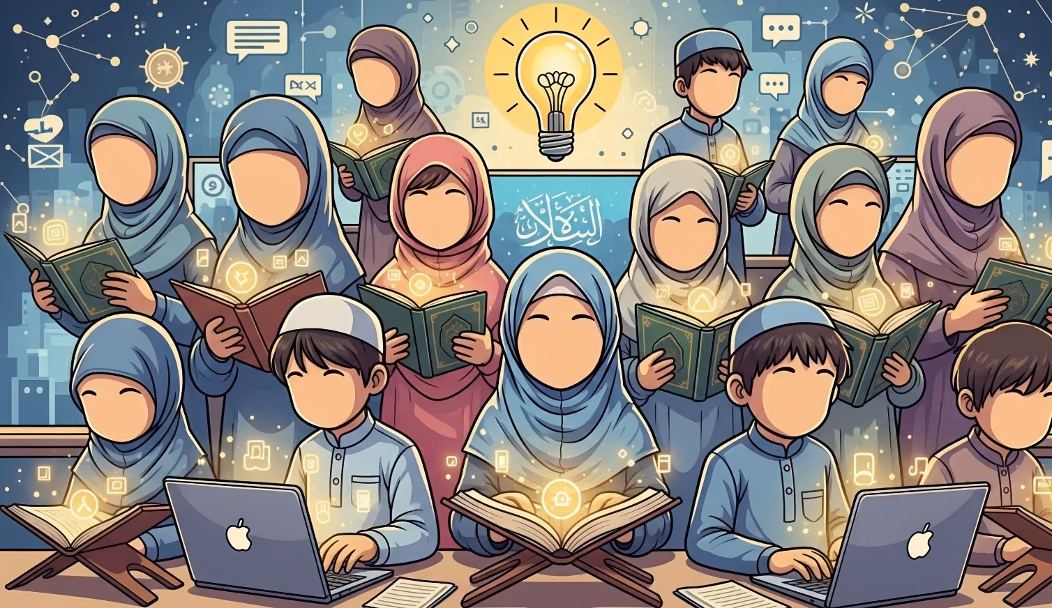 "Diverse group of kids and adults learning Quran online, with blank faces, glowing books/laptops, and vibrant colors."