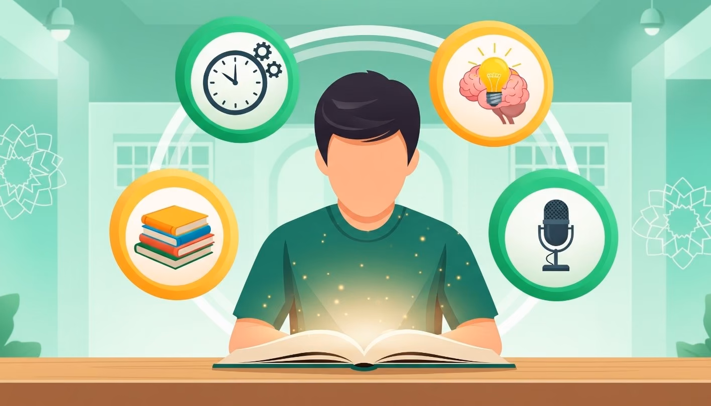 "A vibrant banner illustration for a blog post on Quran memorization. A faceless student is at a desk with a glowing Quran, surrounded by icons representing key tips: a clock for routine, a brain for understanding, books for review, and a microphone for reciting."