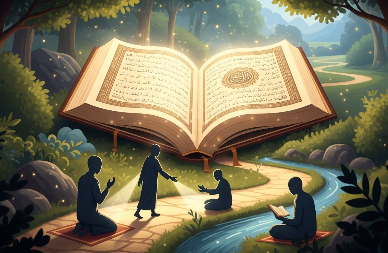 A serene illustration of an open Quran glowing in a forest, with light illuminating a pathway. Stylized figures are guided by the light, symbolizing prayer, helping others, and study.