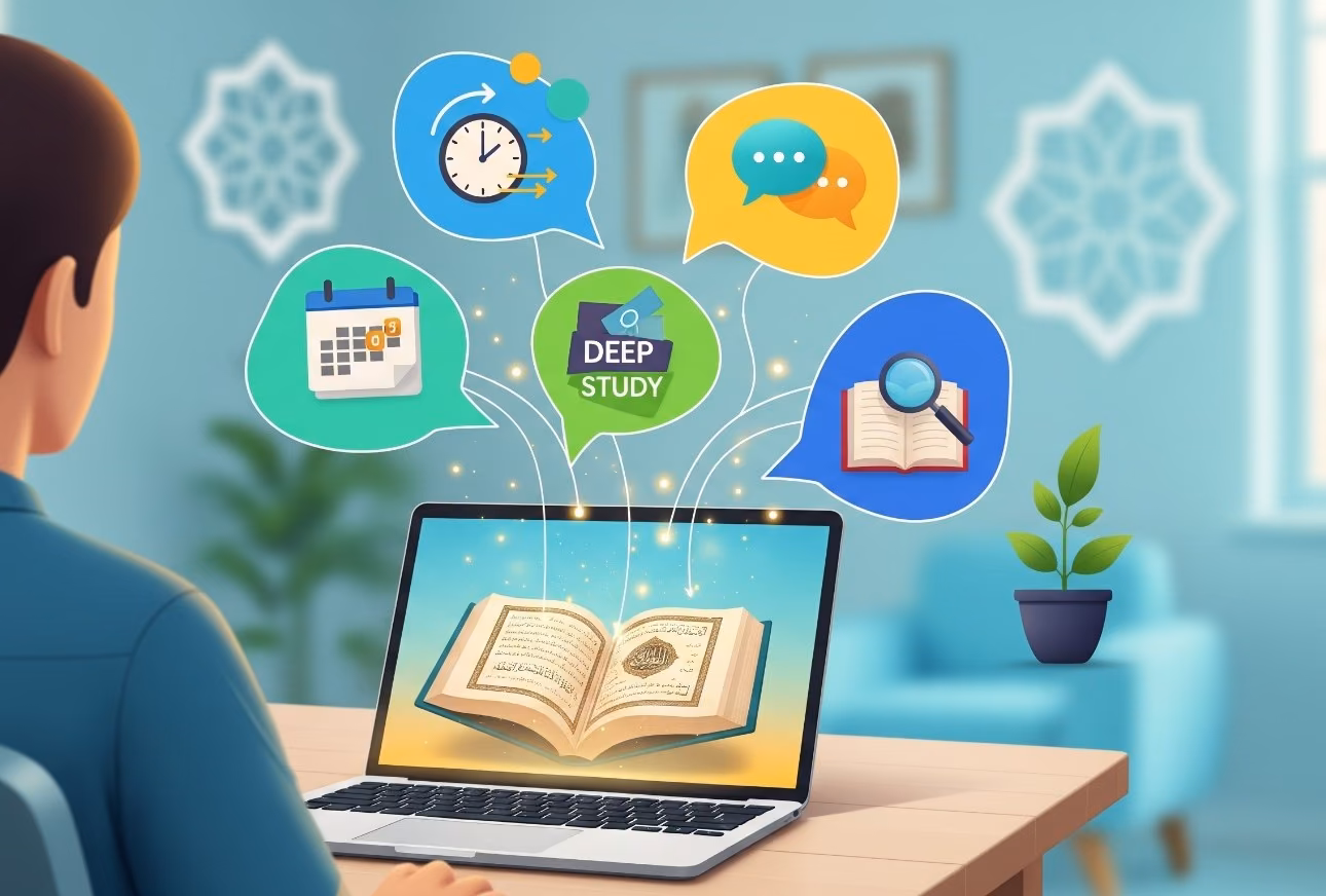 "A vibrant banner illustration for a blog post about effective online Quran learning. A faceless student is shown with a mind map of icons for key tips like routine, communication, and spiritual growth branching out from a laptop displaying a glowing Quran."