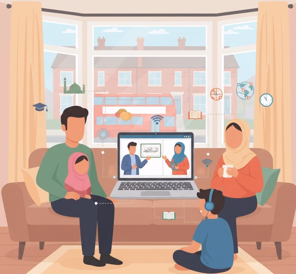 An illustration of a Muslim family (father, mother, and two children) sitting in their living room, engaging in an online Quran class visible on a laptop. Through the window, a classic red double-decker bus and Qatar-style houses are seen, along with various icons representing online Quran learning Classes, global access, and Islamic education.