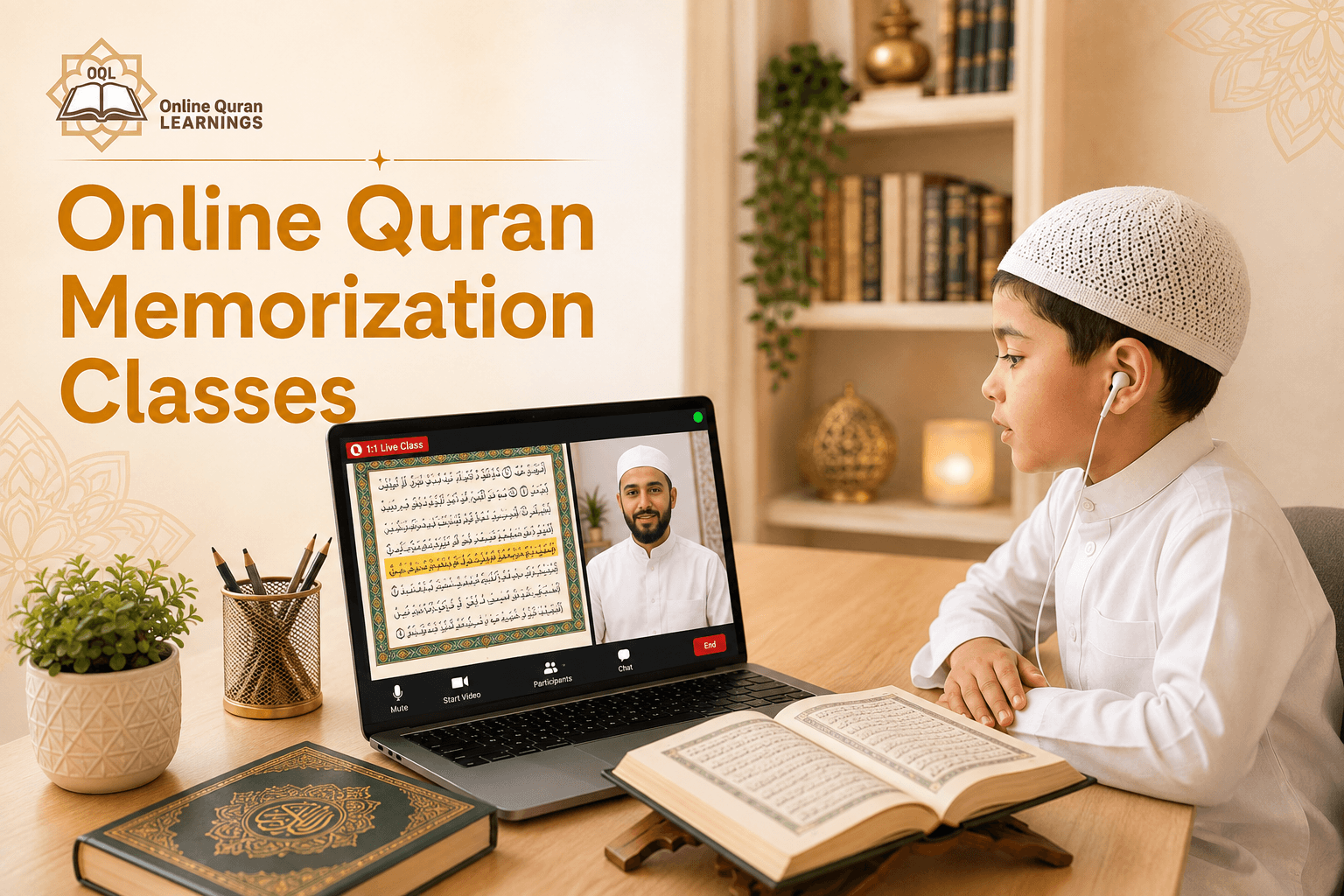 A student reciting from memory during an online Hifz class with an open Quran nearby