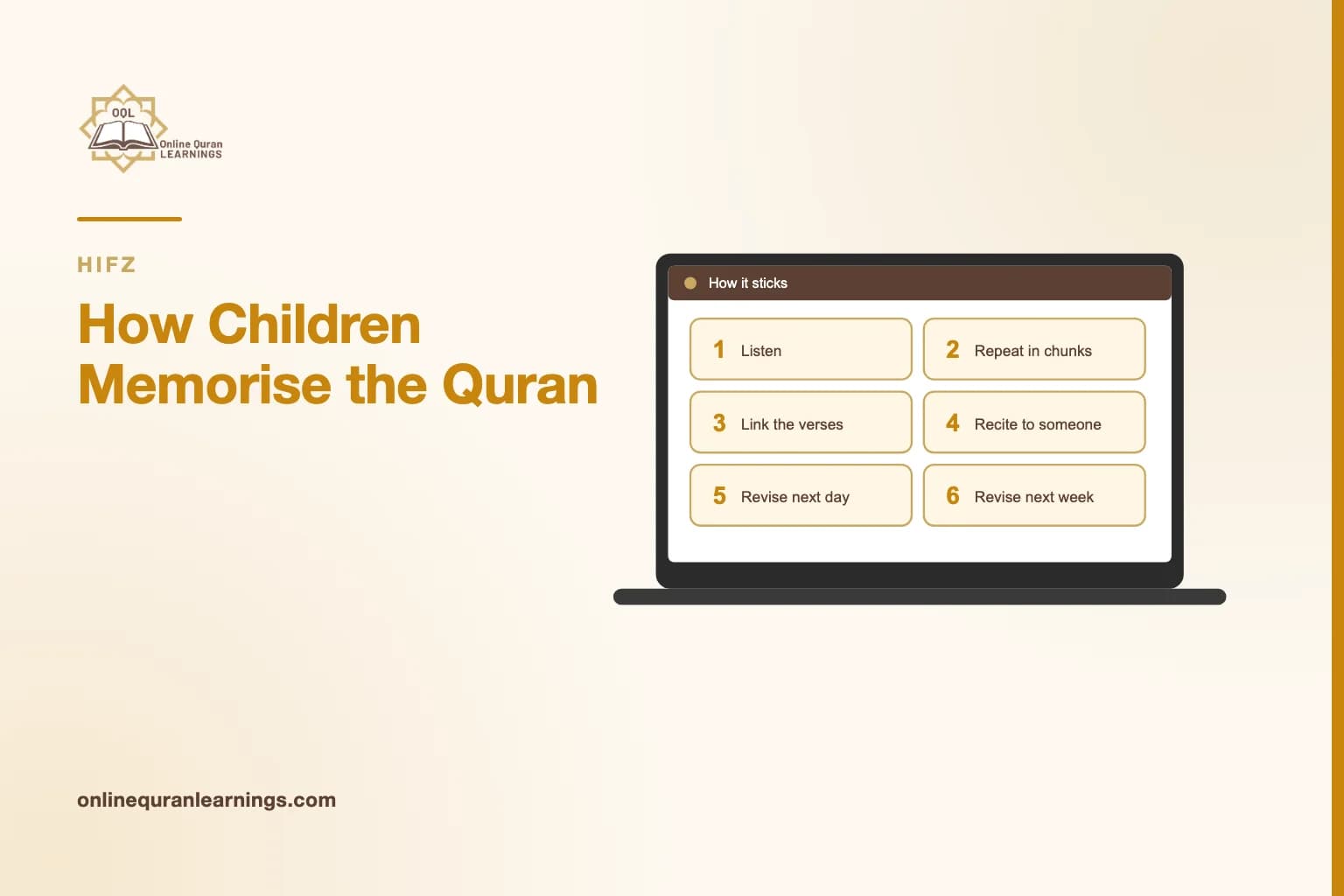 Illustrated card "How Children Memorise the Quran" with a laptop screen titled "How it sticks" showing a list: Listen, Repeat in chunks, Link the verses, Recite to someone, Revise next day, Revise next week
