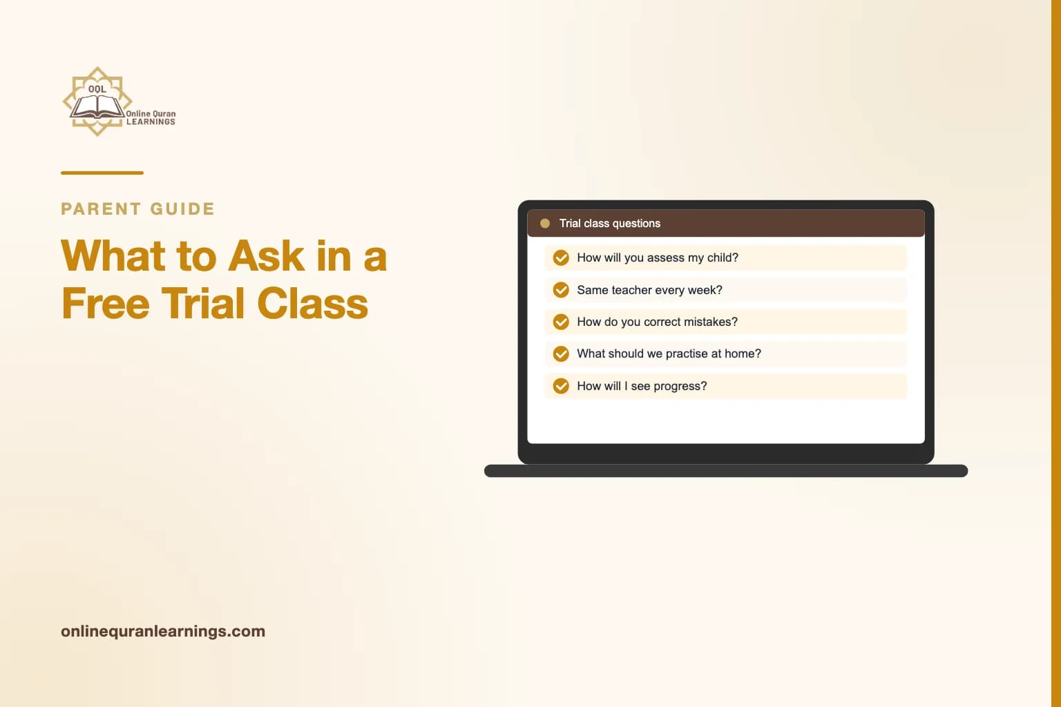 Illustrated card "What to Ask in a Free Trial Class" with a laptop screen titled "Trial class questions" showing a list: How will you assess my child?, Same teacher every week?, How do you correct mistakes?, What should we practise at home?, How will I see progress?