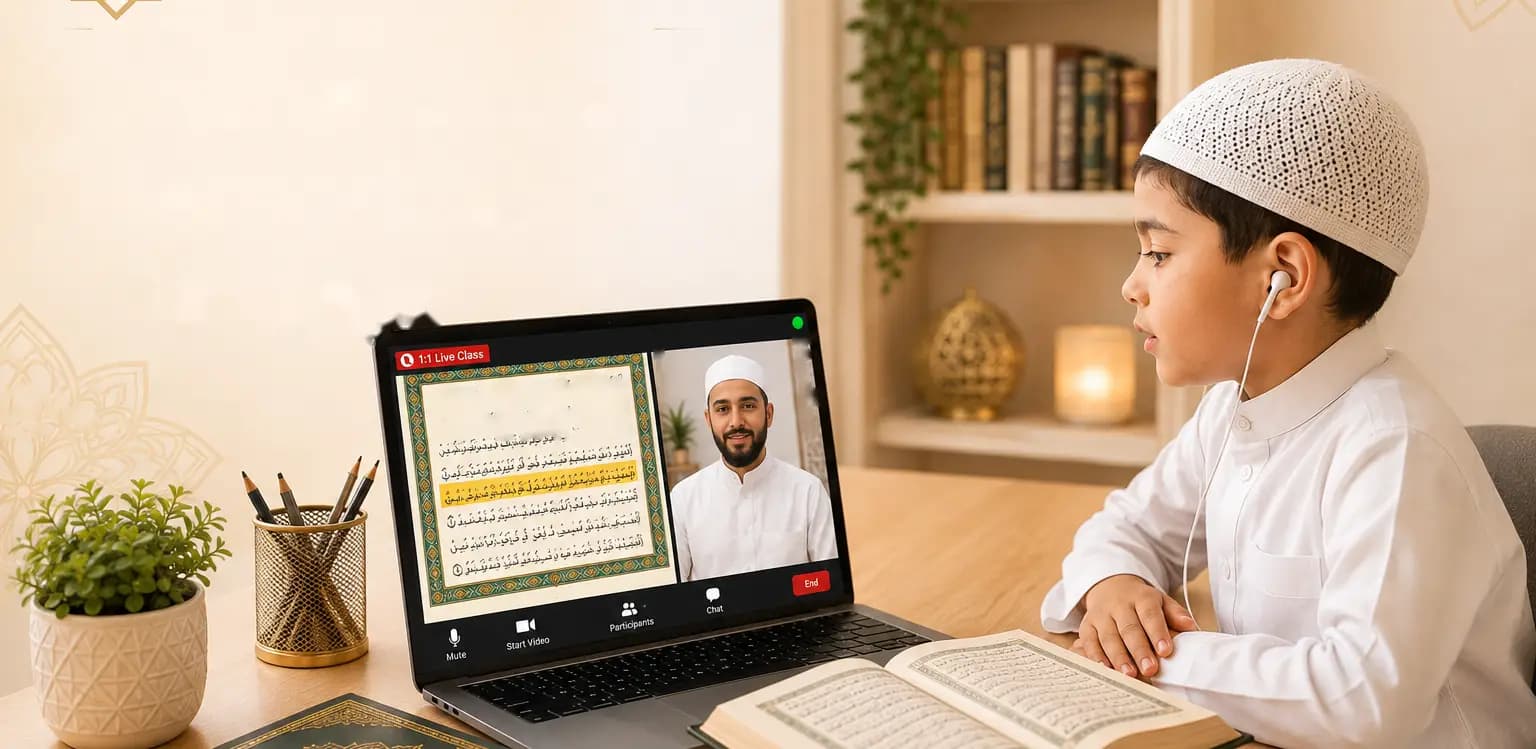 A boy memorising Quran with his Hifz teacher during an online one-to-one class