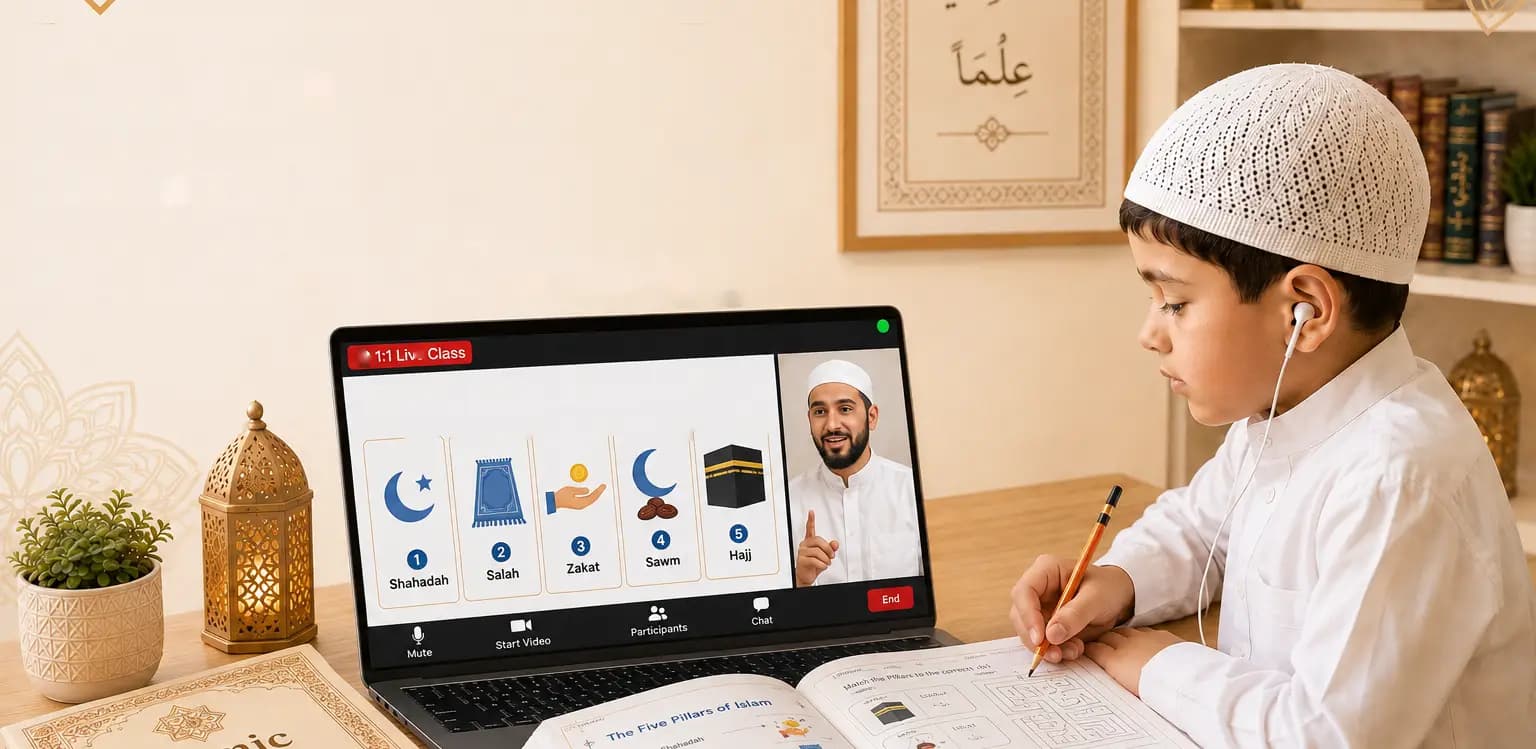 A boy learning salah steps in an online Islamic studies lesson with his teacher