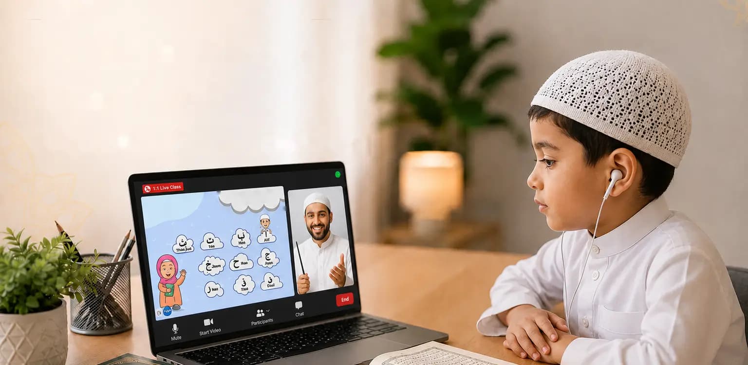 A young boy following a Noorani Qaida lesson on a laptop with his teacher on screen