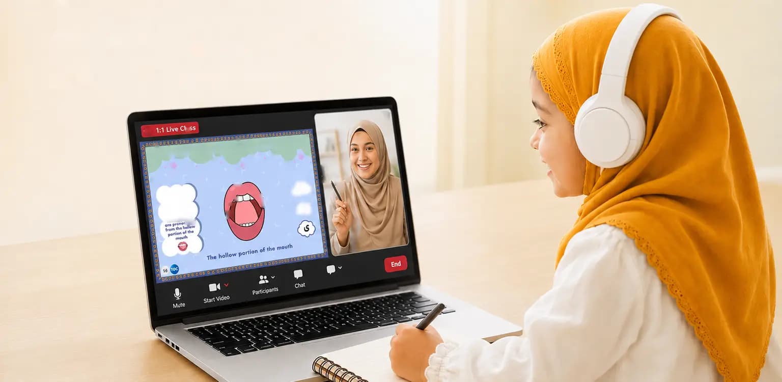 A girl in a white hijab practising Tajweed with a female teacher on a laptop