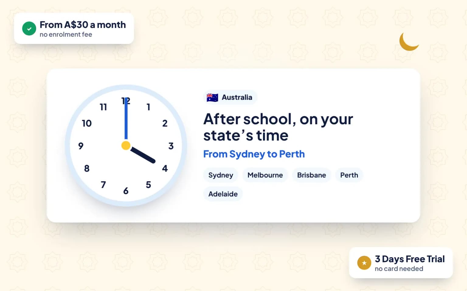 Online Quran classes for kids in Australia: lessons after school on local time, with a 3-day free trial
