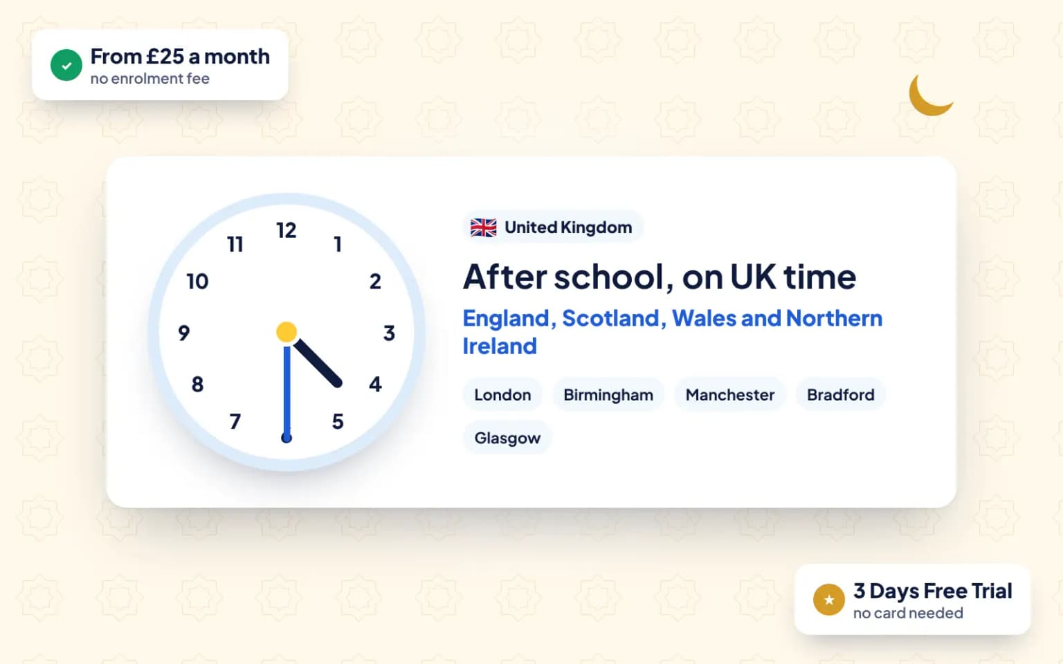 Online Quran classes for kids in the United Kingdom: lessons after school on local time, with a 3-day free trial