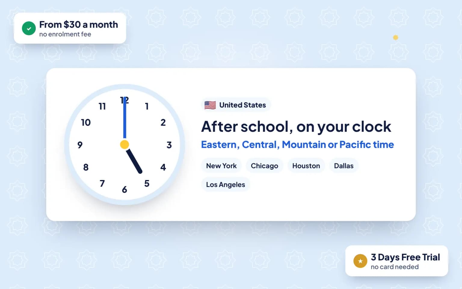 Online Quran classes for kids in the United States: lessons after school on local time, with a 3-day free trial