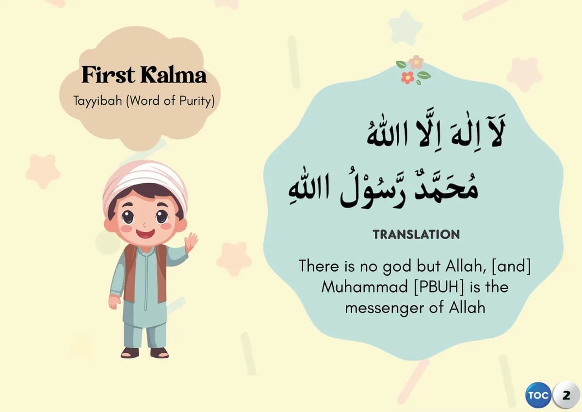 The first kalima with its English translation, from the OQLS Kalimas book
