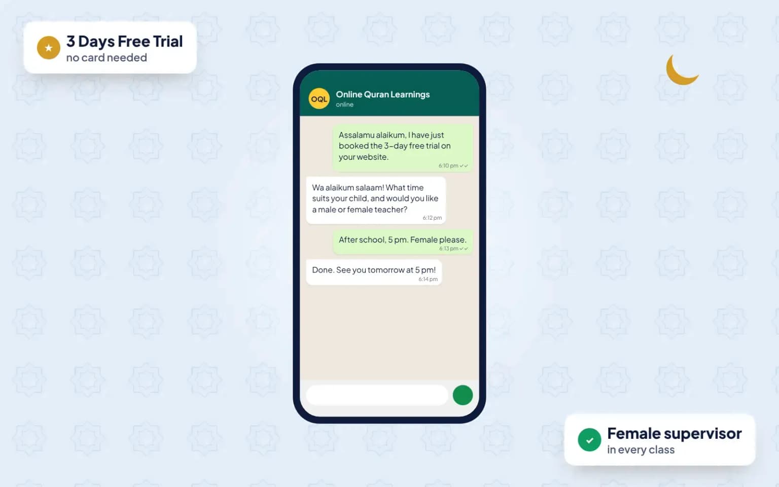 An example WhatsApp chat: after booking, we agree the time and a male or female teacher for the 3-day free trial