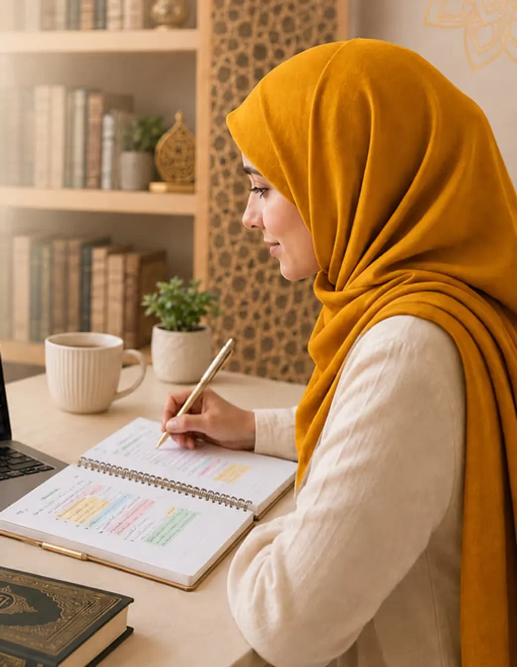 A girl studies the meaning of a surah with her teacher online