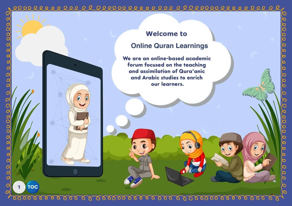 The first page of the OQLS Qaida: Welcome to Online Quran Learnings, with cartoon children learning