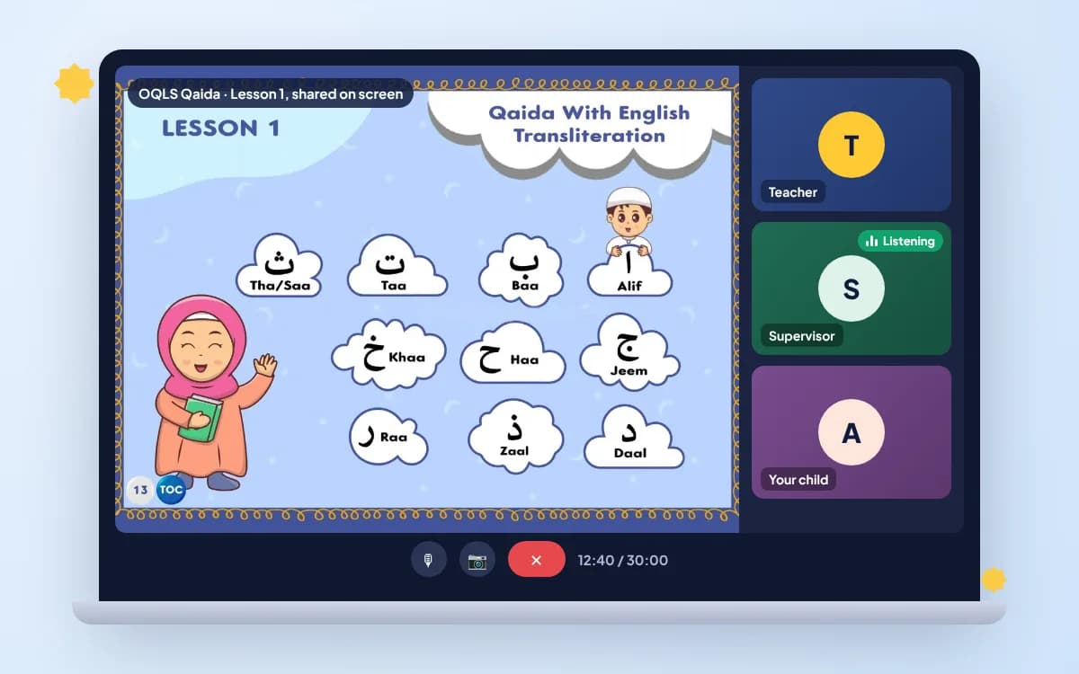 A live one-to-one class: the Qaida page on screen, the teacher, your child and a female supervisor listening