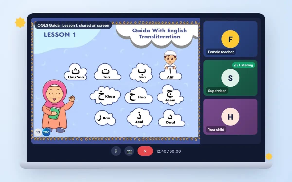 A live class with a female Quran teacher: a Qaida page on screen, the female teacher, your child and a female supervisor listening
