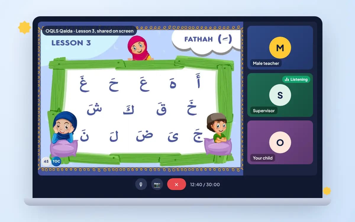 A live class with a male Quran teacher: a Qaida page on screen, the male teacher, your son and a female supervisor listening