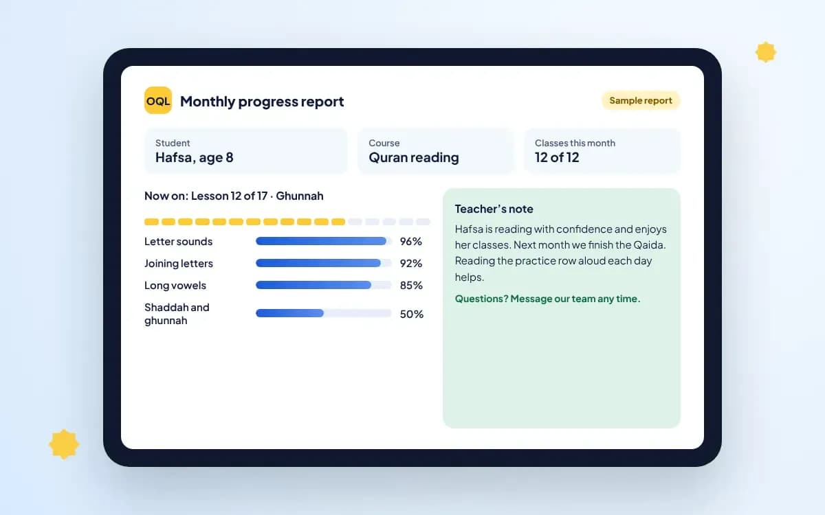 A sample monthly progress report from a female Quran teacher