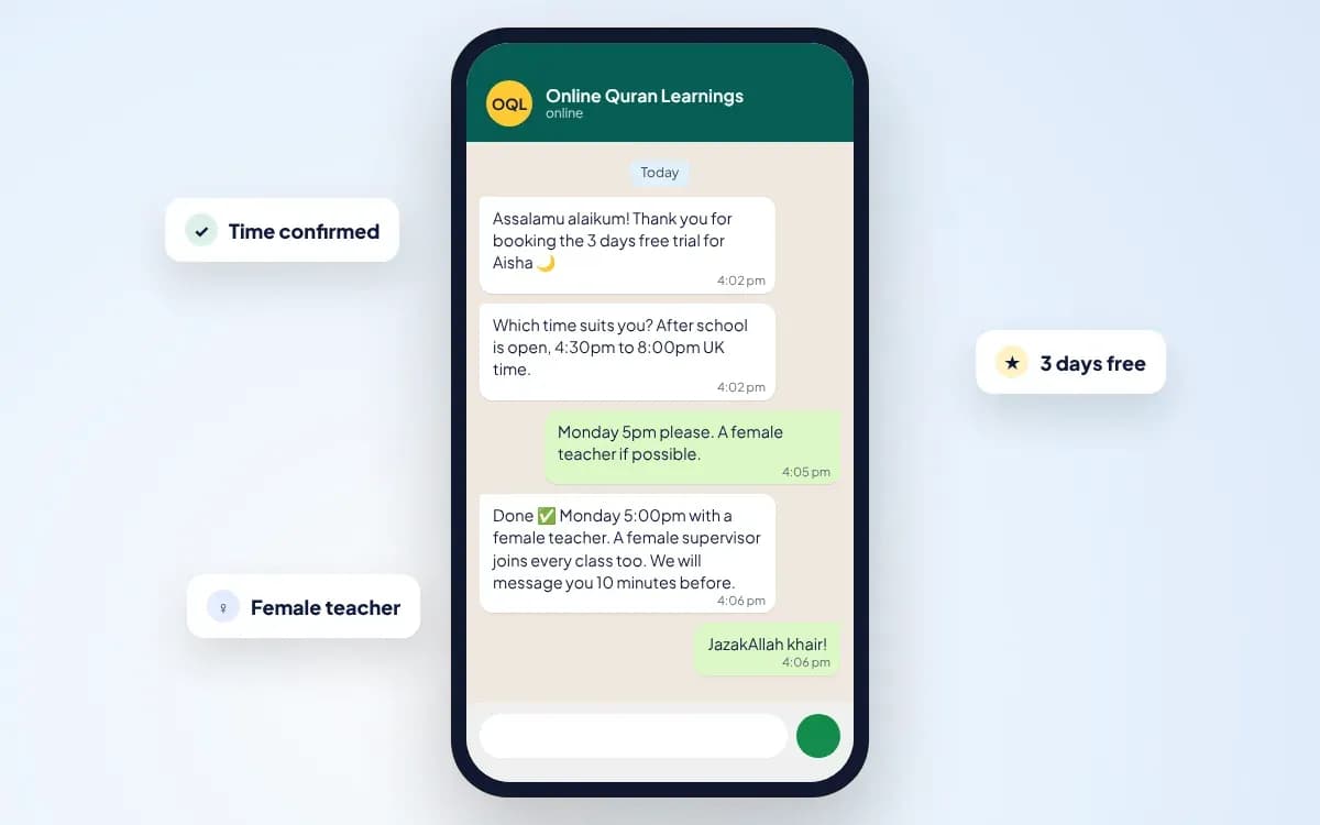 A WhatsApp chat confirming a free trial time with a female teacher
