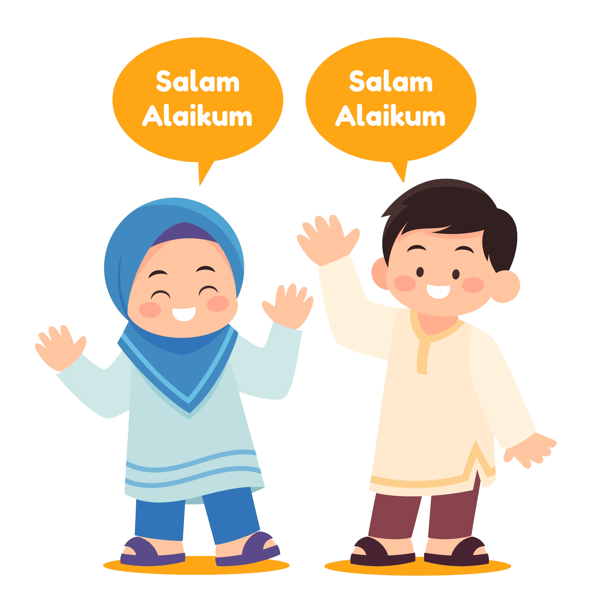 Illustration of a Muslim girl and boy waving and greeting with Salam Alaikum