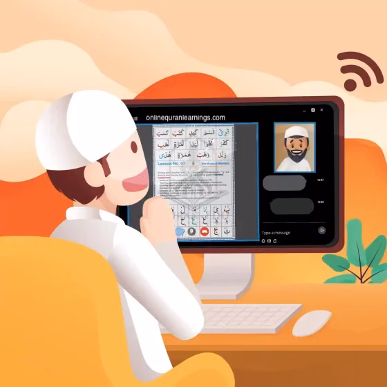 A boy in a white cap at a computer during an online Quran lesson, with a Qaida page shared on screen and his teacher on video