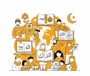 Cartoon illustration of diverse students globally engaged in various online Islamic studies, including Fiqh and Arabic.