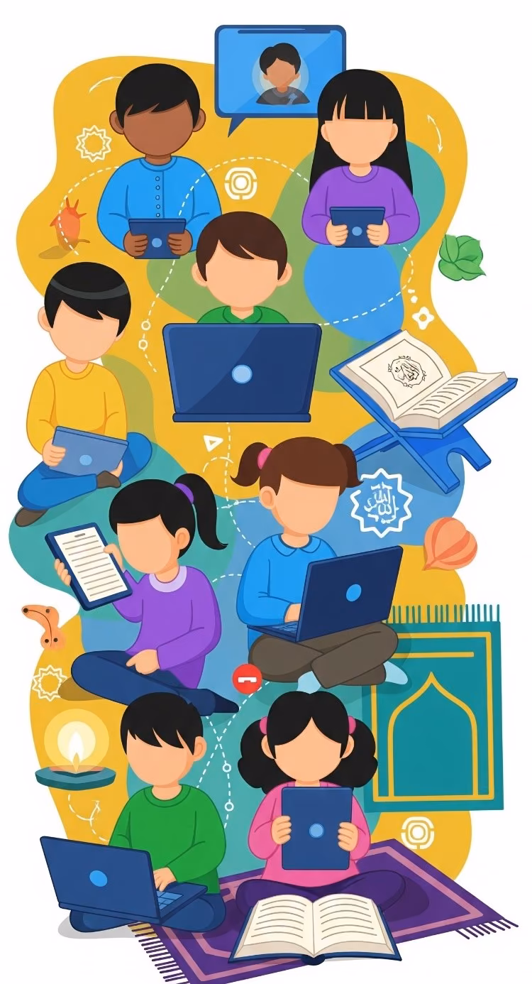 "Vertical illustration of diverse children learning Islamic Studies online, with laptops, tablets, an open Quran, and a prayer mat."