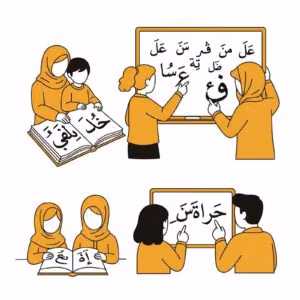 Cartoon illustration of children and adults learning Arabic language online with teachers.