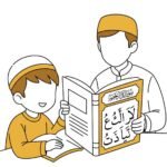 Cartoon illustration of children learning Noorani Qaida and Tajweed for Islamic Quran study online.