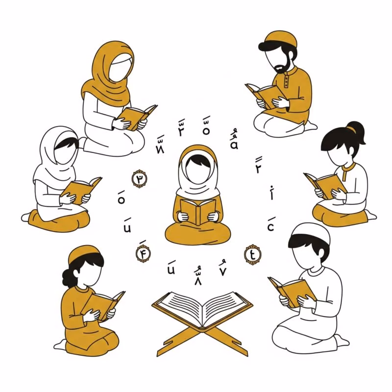 Cartoon illustration of diverse students reading Quran with Tajweed, symbolizing accurate recitation.