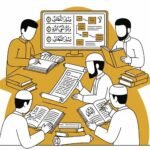 Cartoon illustration of scholars and students deeply engaged in online Quran Tafseer study.