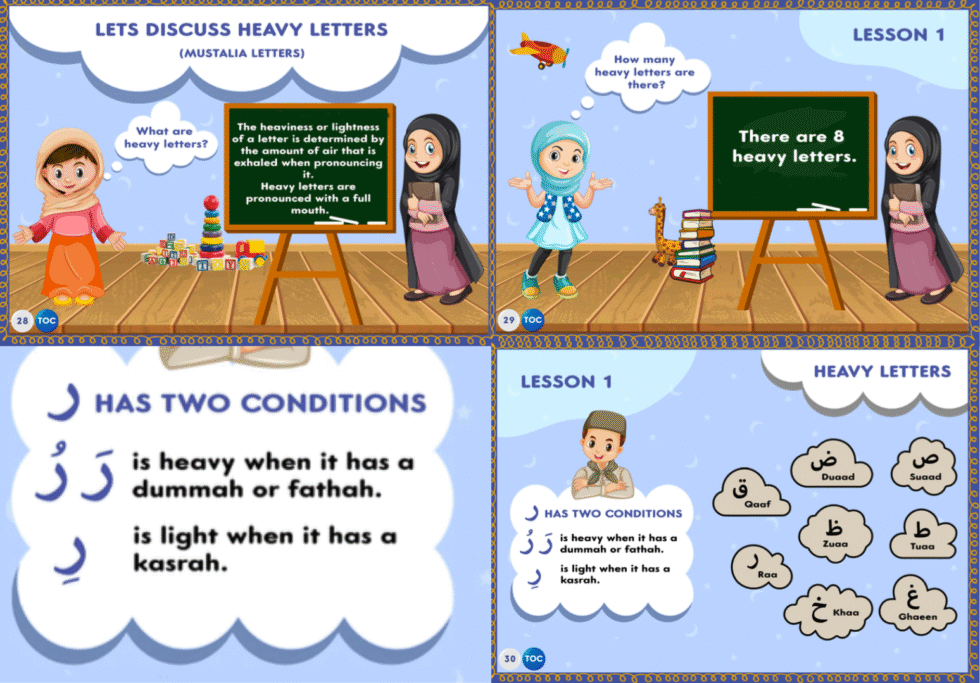 A page from our illustrated Qaida covering heavy and light letters.