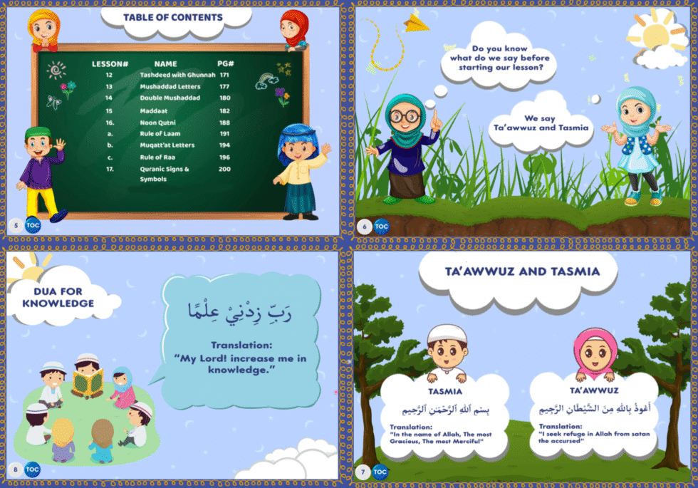 A page from our illustrated Qaida showing the Ta&rsquo;awwuz and Tasmia with their meanings.