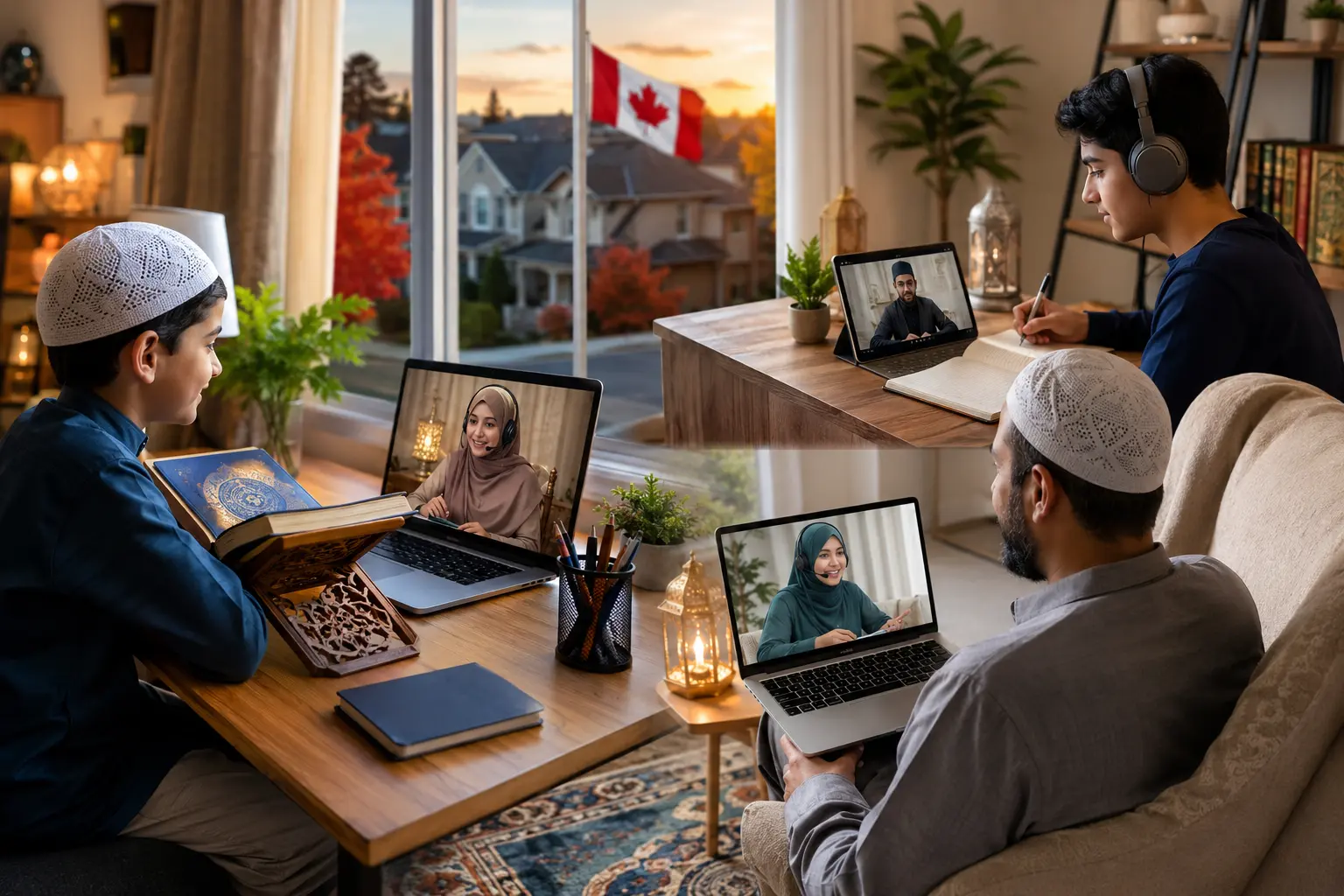 Three members of a Canadian Muslim family taking separate one-to-one online Quran lessons at home, with a Canadian flag and autumn street visible through the window